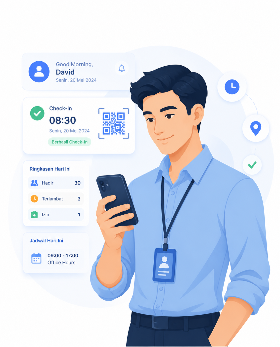 Ilustrasi absensi karyawan dengan QR, GPS, dan rekap kehadiran